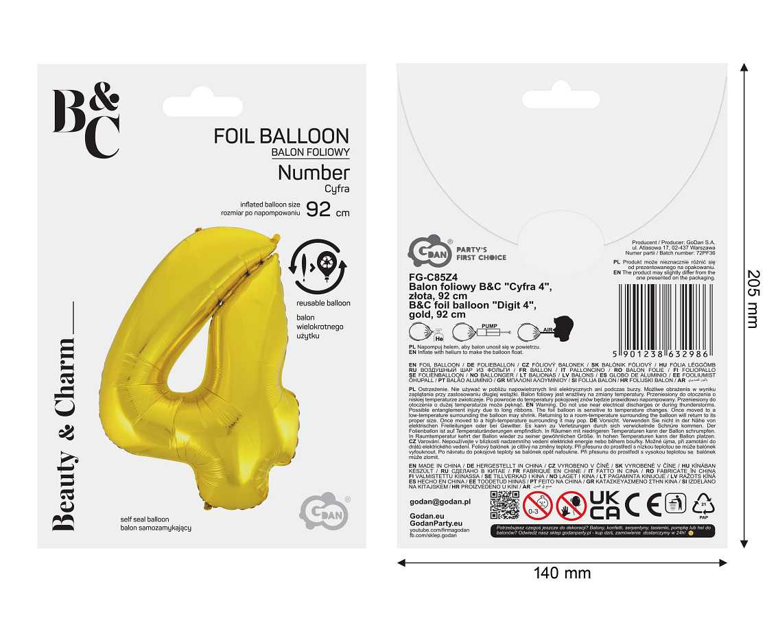 Foil balloon B&C digit 4, gold, 92 cm